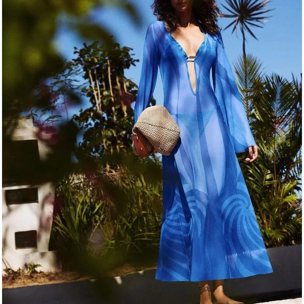 New Caroline Constas Blue Long Tunic Kaftan Beach Swim Cover-Up XS NWT